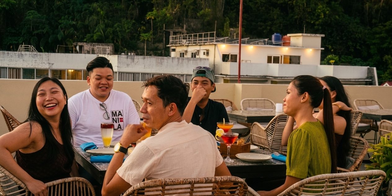 Friends laughing together over cocktails at a table on Salsa's rooftop terrace.