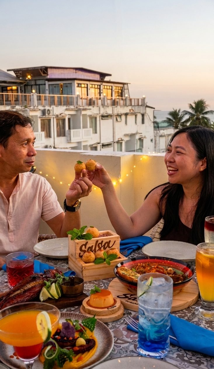 Two guests sharing Salsa's cheese croquettes across a rooftop table as the sun sets behind them.